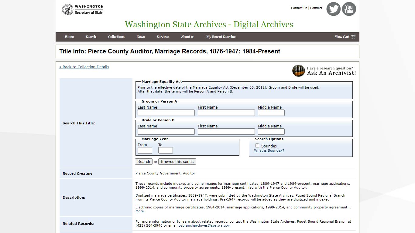 Title Info: Pierce County Auditor, Marriage Records, 1876-1947; 1984 ...